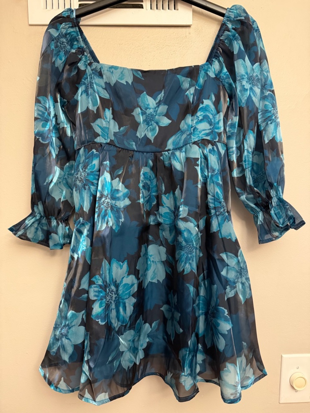 Blue Floral Midi Dress - Square Neck, Puff Sleeve